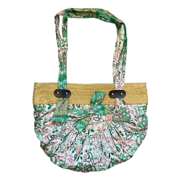 Pink Green Butterfly & Flower Print Bag Metallic Woven Zip Top Summer Beach Boho - Picture 1 of 13